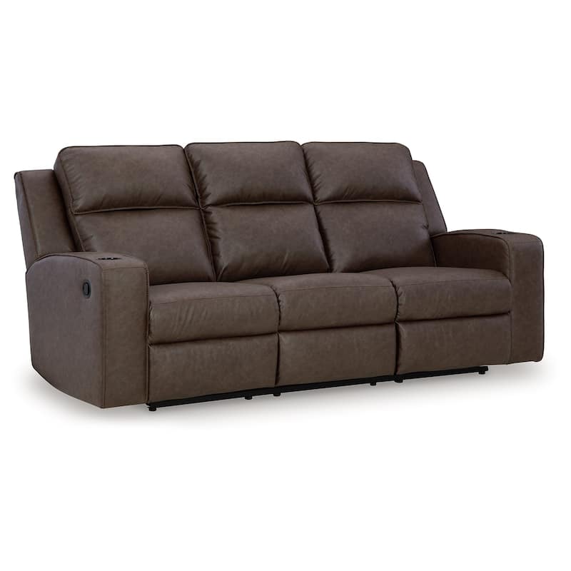 Livie Manual Recliner Sofa, USB, Table 87in Brown Gray Faux Leather