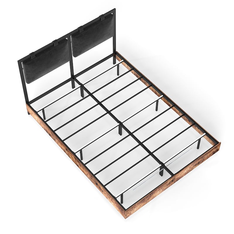 Floating Bed Frame with RGB LED Light Strip & Velvet Upholstered Hanging Headboard, Noise-Free Metal Slats Support, Black Brown
