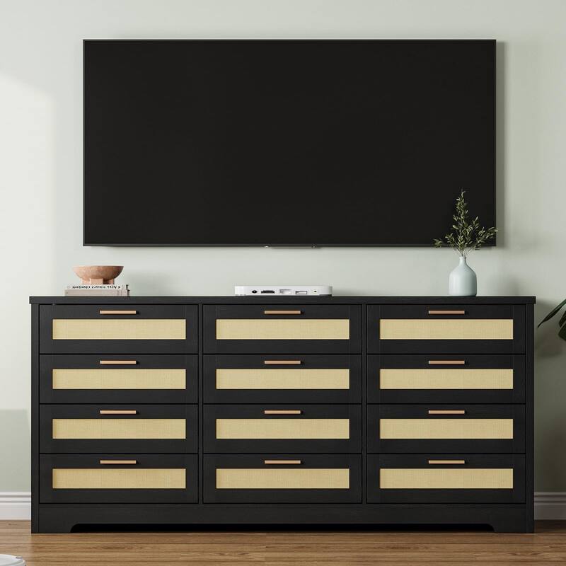 12 Drawer Dresser for Bedroom, Modern Farmhouse Rattan Chest of Drawers with Handles, Wood Dresser for Closet