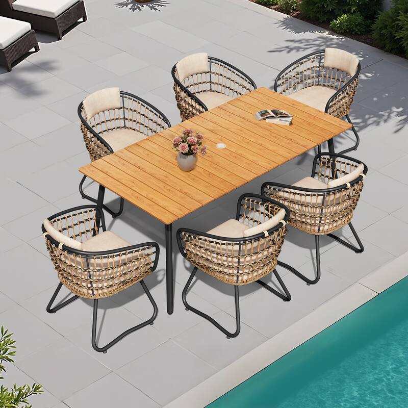 Outdoor Patio Rectangular Aluminum Dining Table Set with Umbrella Hole with Rattan Chair - Table-Brown&Seat-Beige