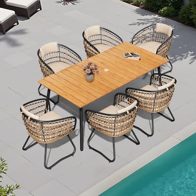 Outdoor Patio Rectangular Aluminum Dining Table Set with Umbrella Hole with Rattan Chair