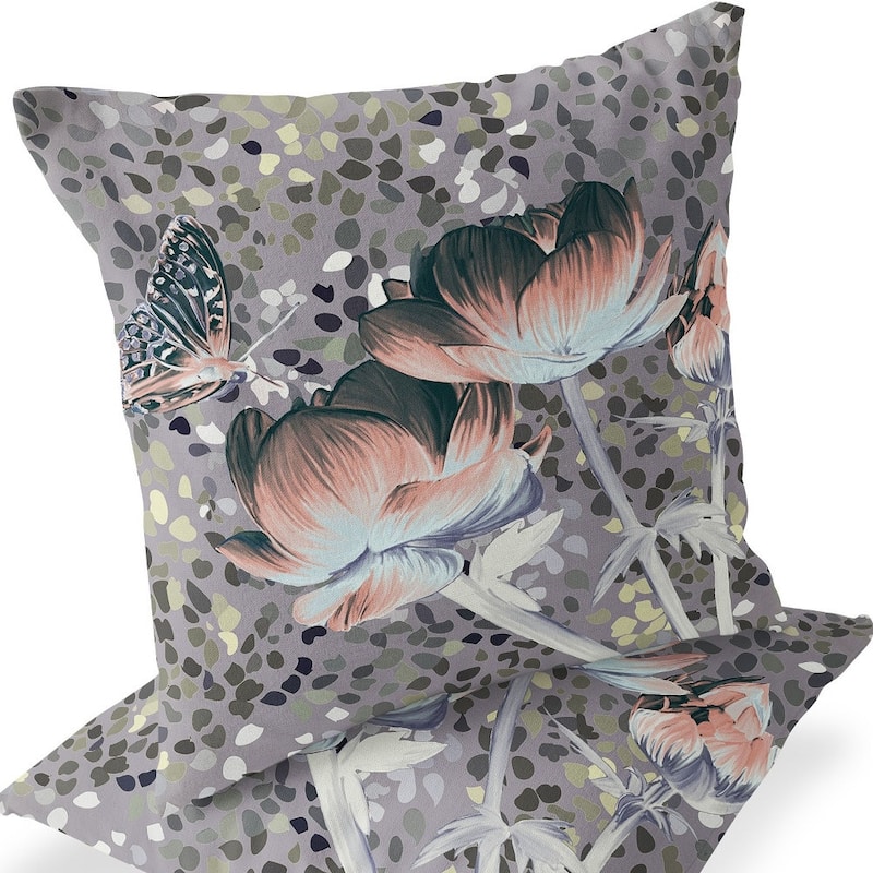 HomeRoots Set of Two 16" X 16" Gray and Pink Butterfly Blown Seam Floral Indoor Outdoor Throw Pillow - 16.00' X '16.00' X '5.00