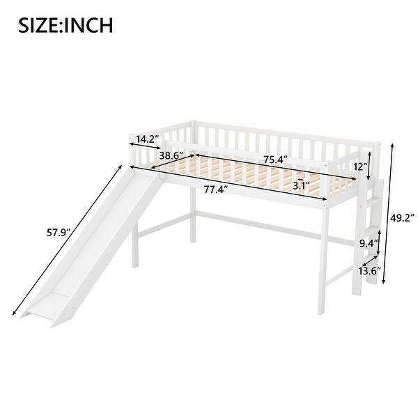dimension image slide 1 of 2, Twin Size Low Loft Bed with Ladder and Slide