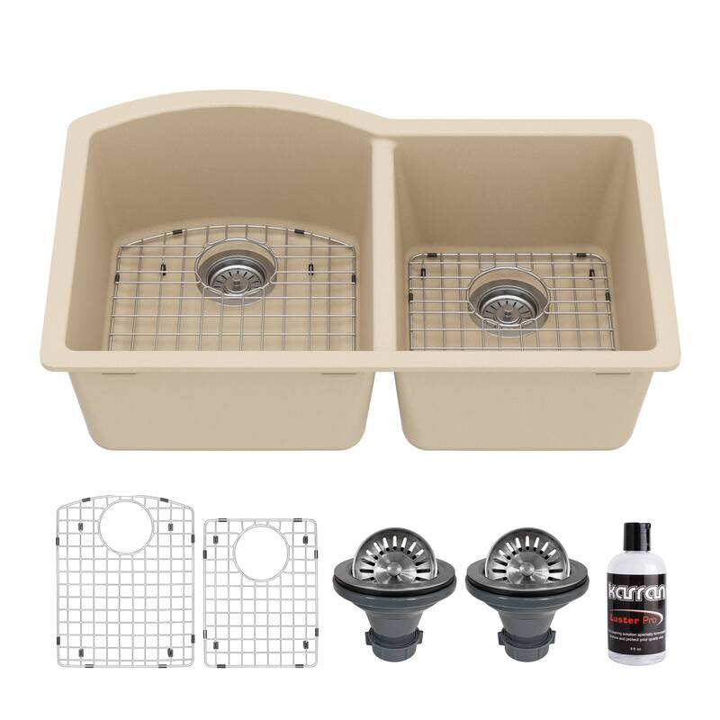 Karran Undermount Quartz 32 in. 60/40 Double Bowl Kitchen Sink Kit - Bisque