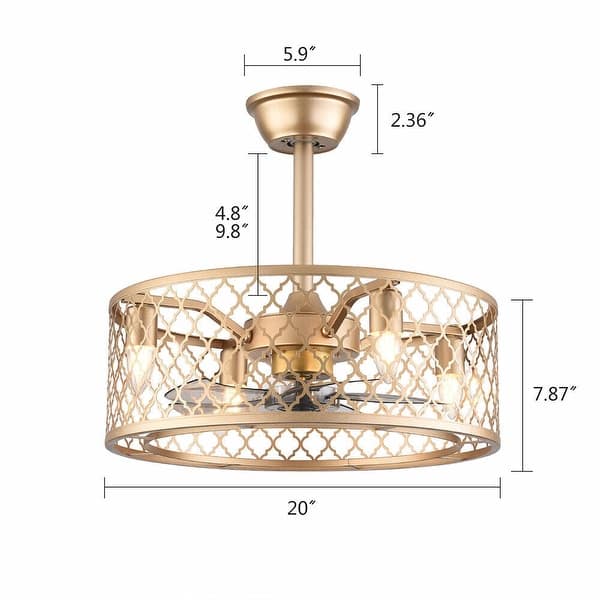 dimension image slide 2 of 2, 20" Gold Caged Farmhouse Crystal Ceiling Fan Light