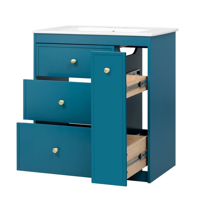 30" Blue Bathroom Vanity with Sink, 2 Soft-Close Drawers and Side Drawer, Freestanding Storage Cabinet with Gold Metal Knobs