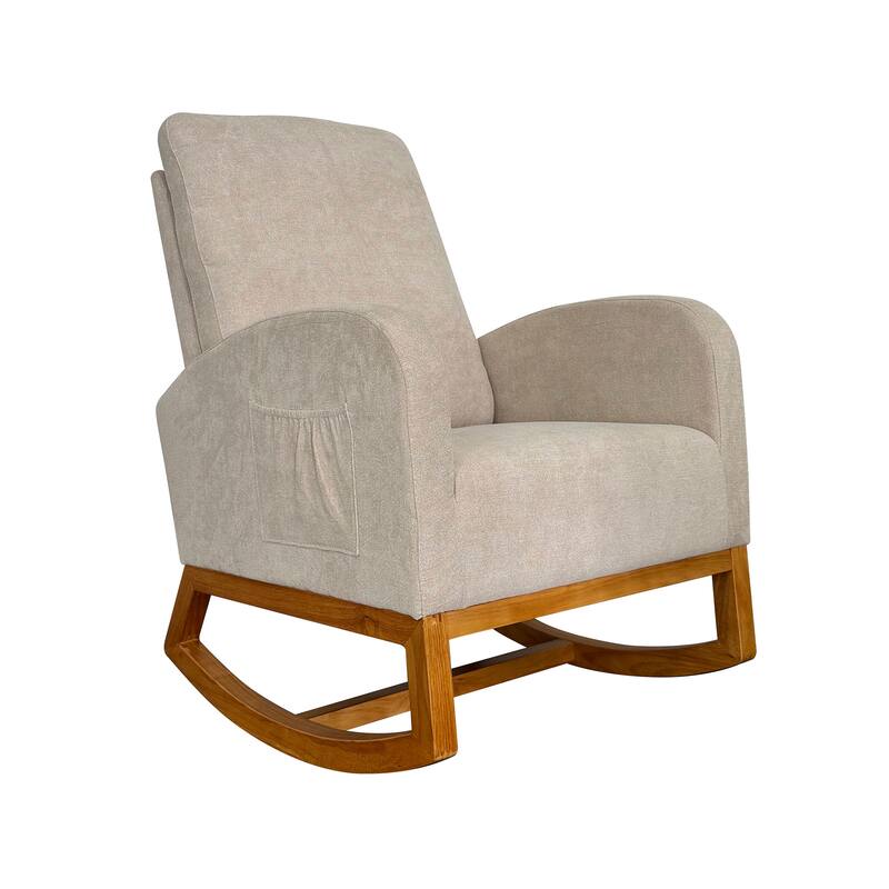 Glider Rocking Chair with Thick Padded Seat, Lounge Armchair with Side Pocket, High Back Sofa Chair with Wood Base
