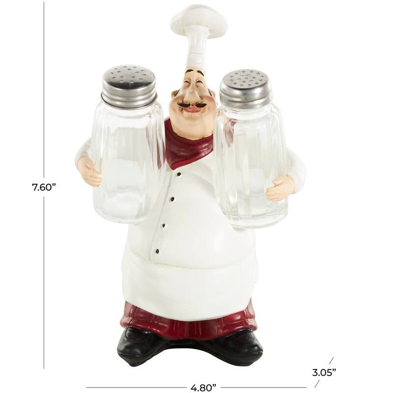White Polystone Figurine Chef Salt and Pepper Shaker Holder with Red Accents