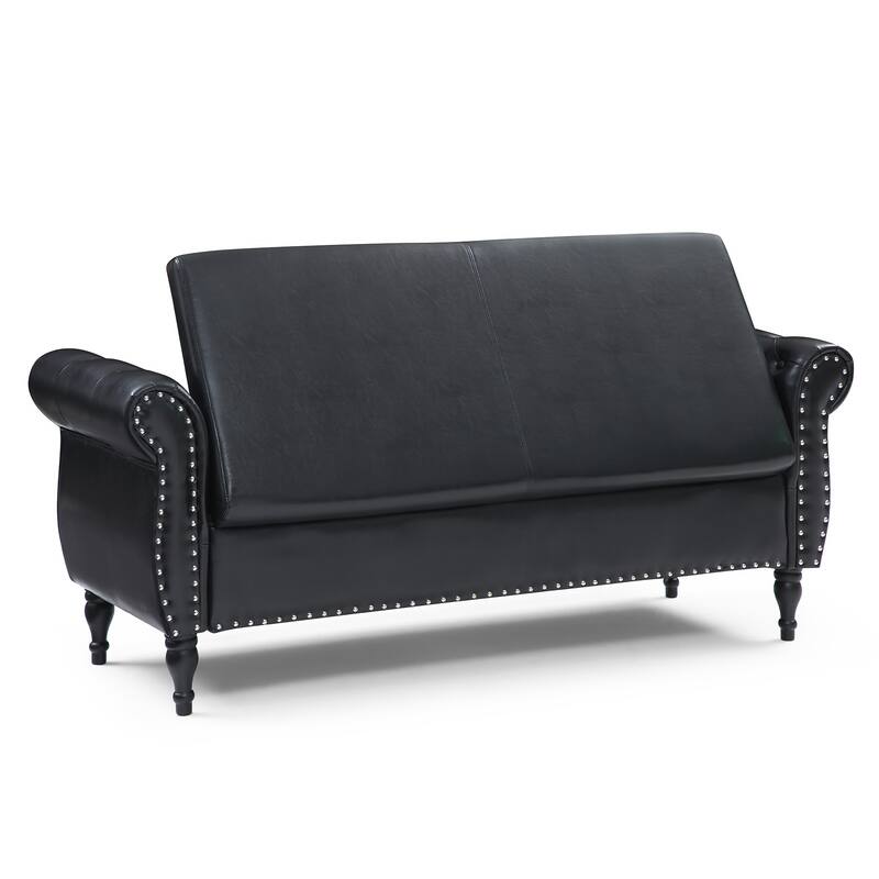 63" PU Upholstered End of Bed Bench Flip Top Entryway Ottoman with Safety Hinge Storage Rectangular Sofa Stool Buttons