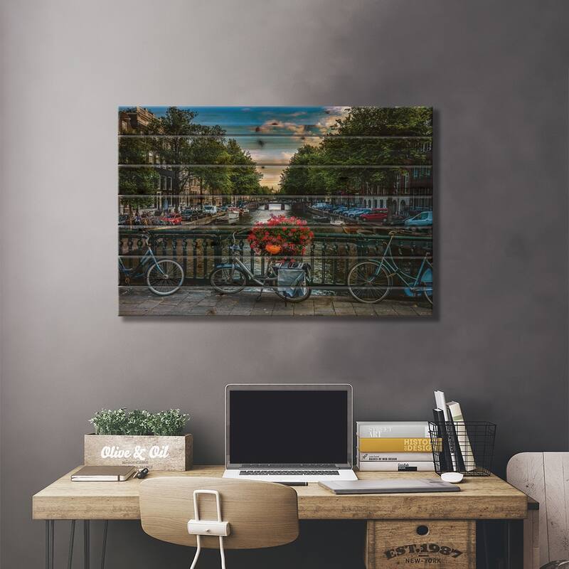 Netherlands Amsterdam Canal Bikes Print On Wood by Alex G Perez - Multi-Color