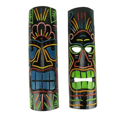 20 Inch Brightly Colored Wood Tiki Totem Wall Masks (Set Of 2)