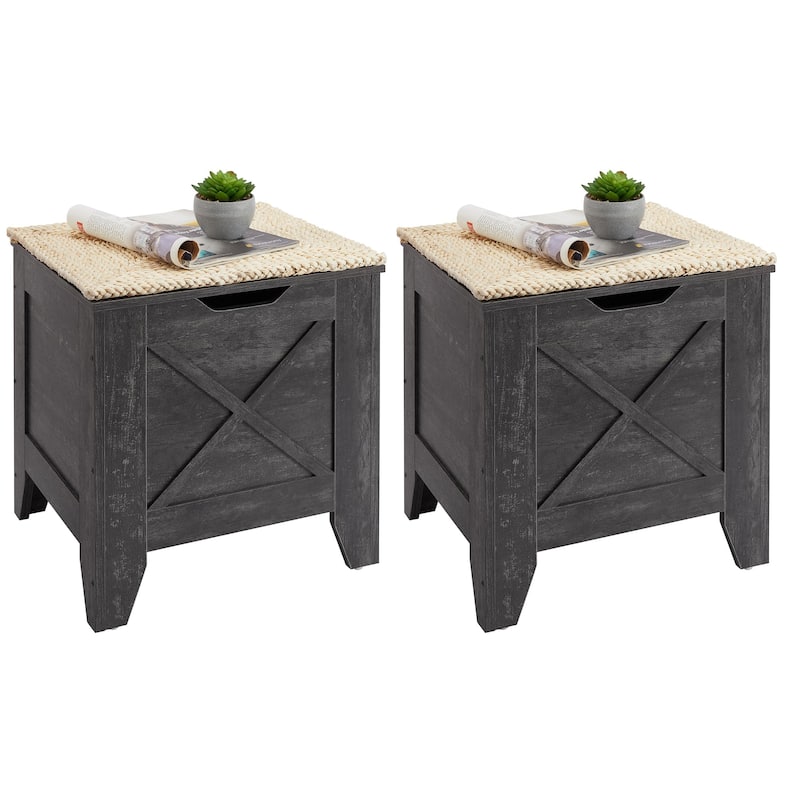 VECELO Storage Bench, Wooden Chest for Storage with Wicker Mat Safety Hinges Entryway Shoe Bench Storage Trunk(Set of 2)