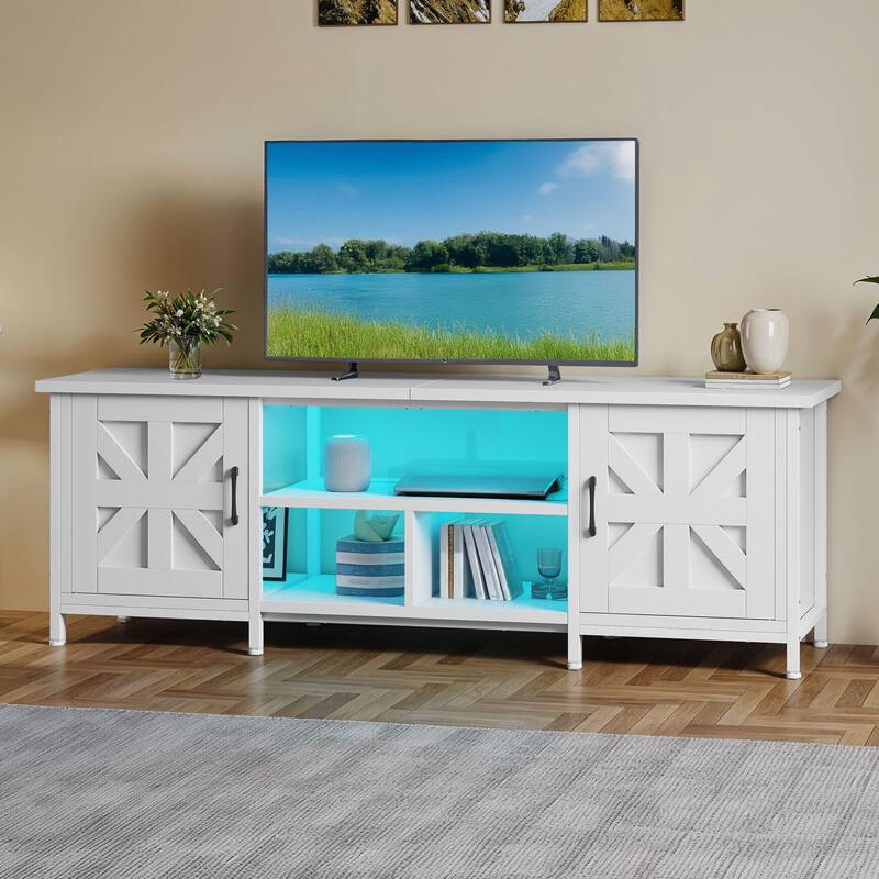 Moasis Farmhouse TV Stand with LED & Charging, Storage Cabinet and Shelves for TVs up to 70", Black