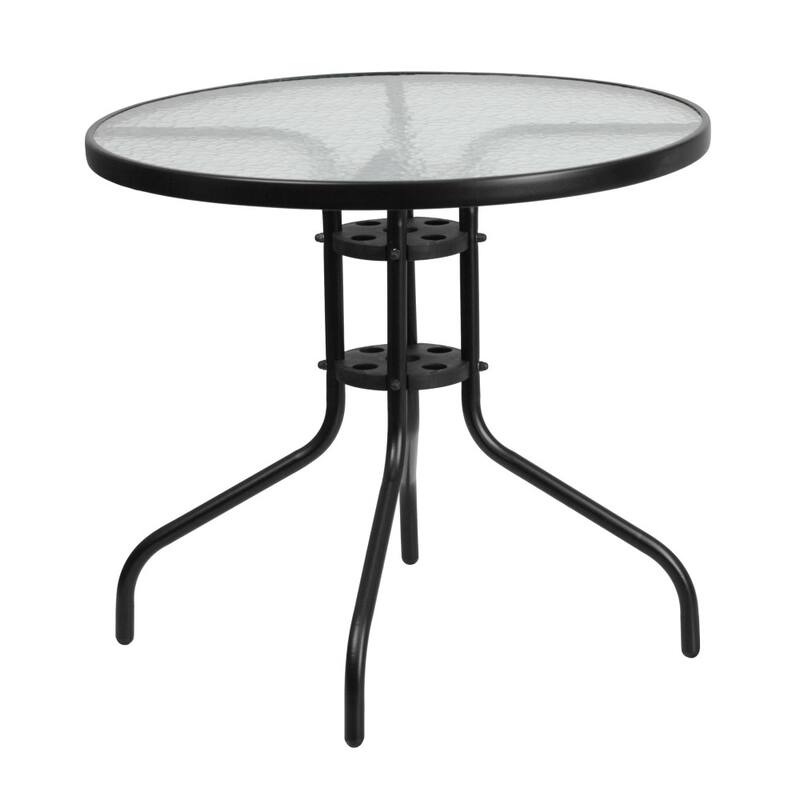31.5" Round Glass Metal Table with 4 Metal Aluminum Slat Stack Chairs