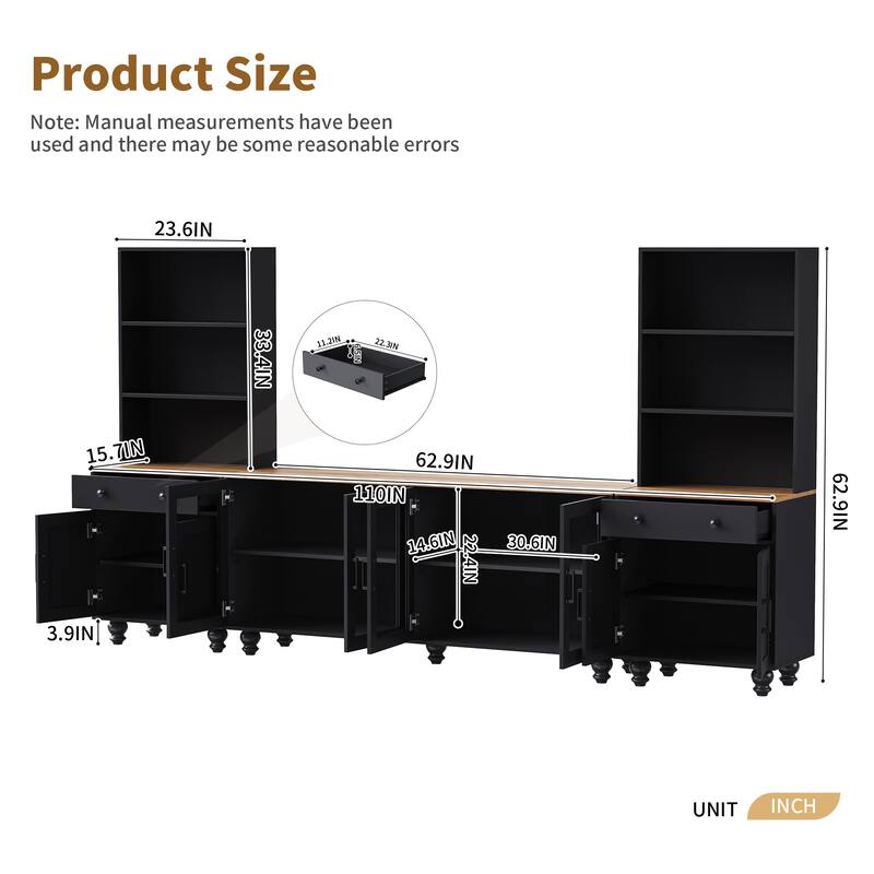 Entertainment Center for TVs Up to 70" with Adjustable Shelves, Tempered Glass Doors, Bookshelves & Storage Cabinets