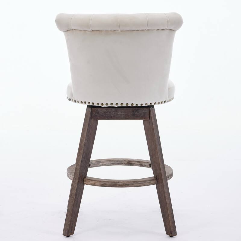 Velvet Upholstered Counter Height Bar Stools Set of 2, Tufted Button Swivel Bar Stools, Kitchen Counter Stools with Wood Legs