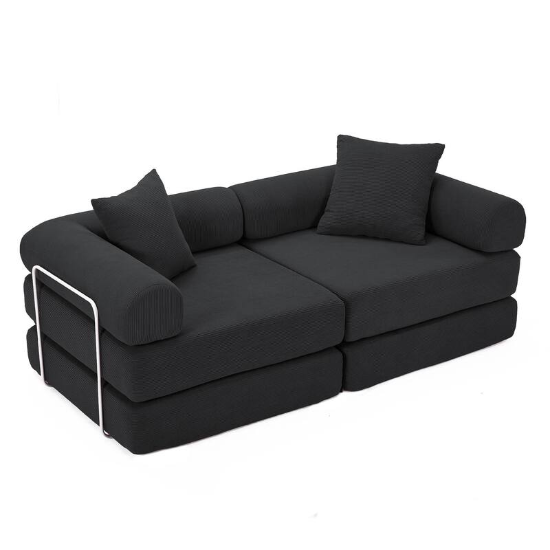 Folding Mattress Lounge Sofa with Corduroy Cushions, Convertible Sofa Bed Sleeper Sofa with Removable Armrests