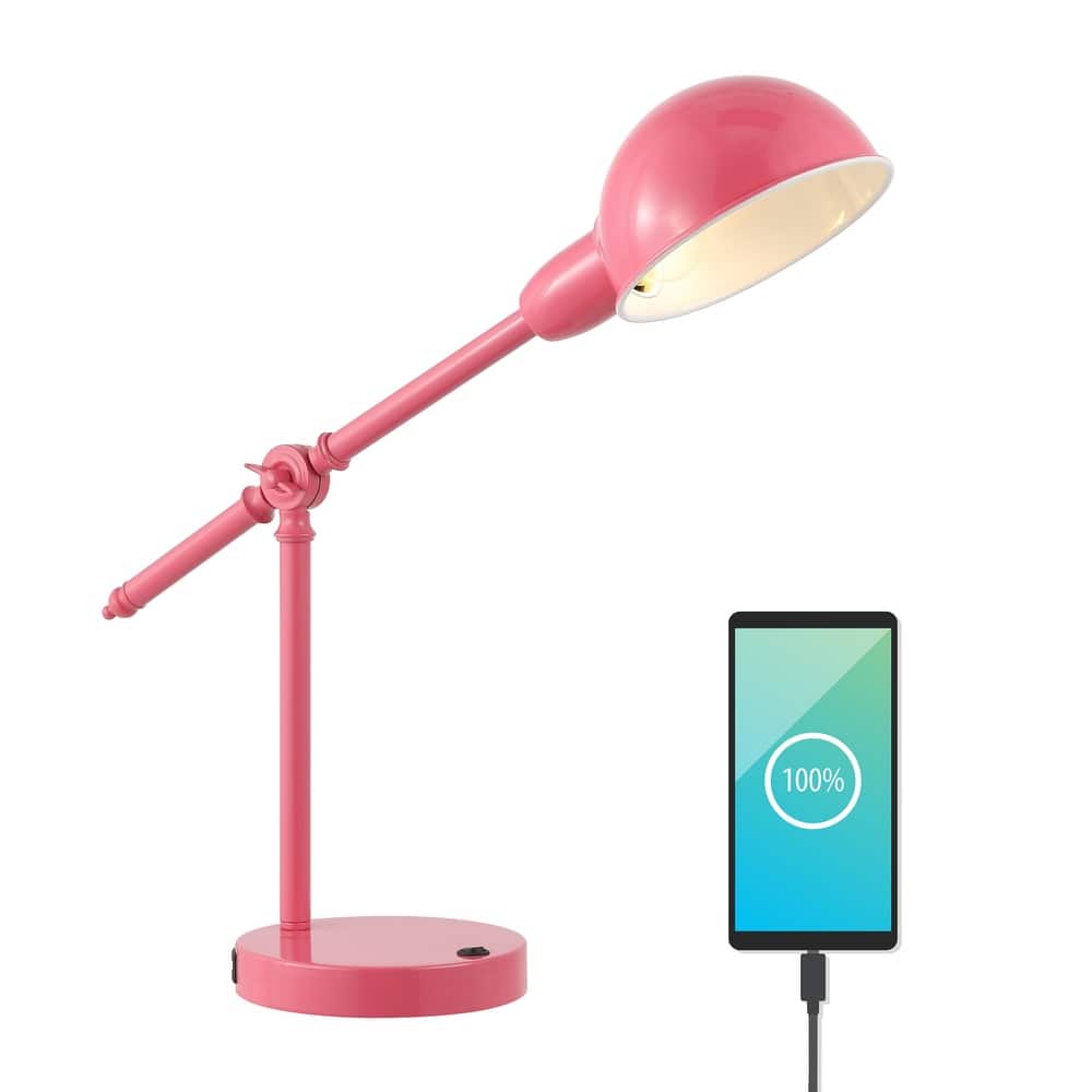 Allegra 20.25" Vintage Industrial Iron Adjustable Dome Shade LED Task Lamp with USB Charging Port, by JONATHAN Y