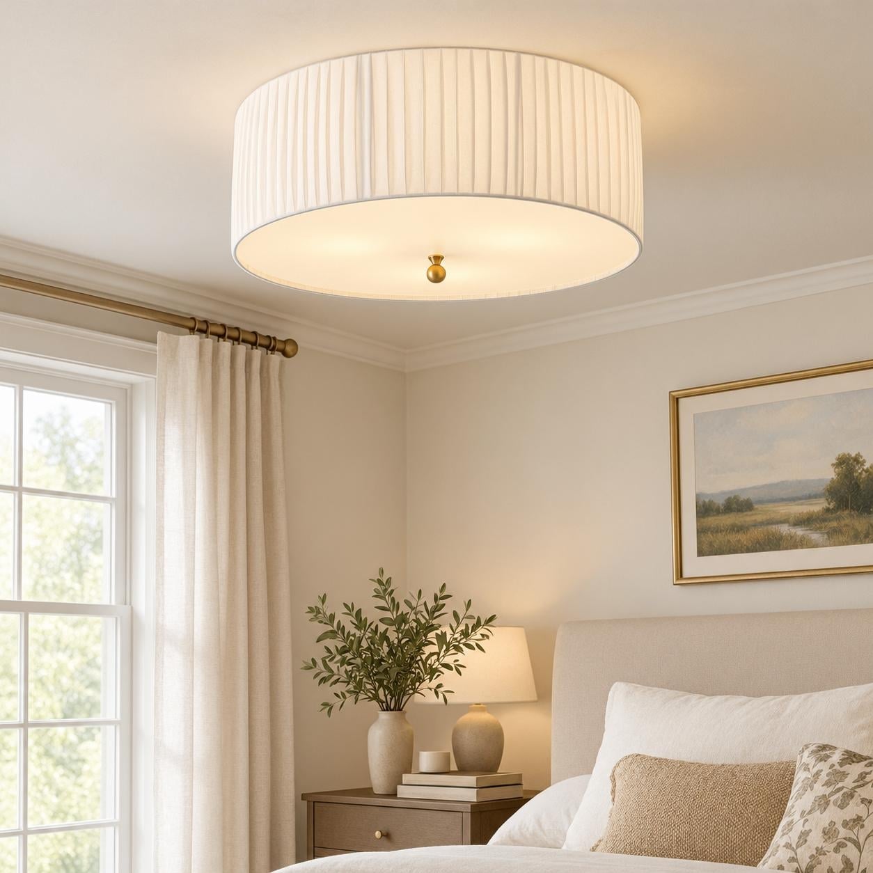 19.7" Modern Coastal Brushed Gold 3-Light Pleated Fabric Drum Flush Mount Light - 19.7 in. W x 6.7 in. H x 19.7 in. D