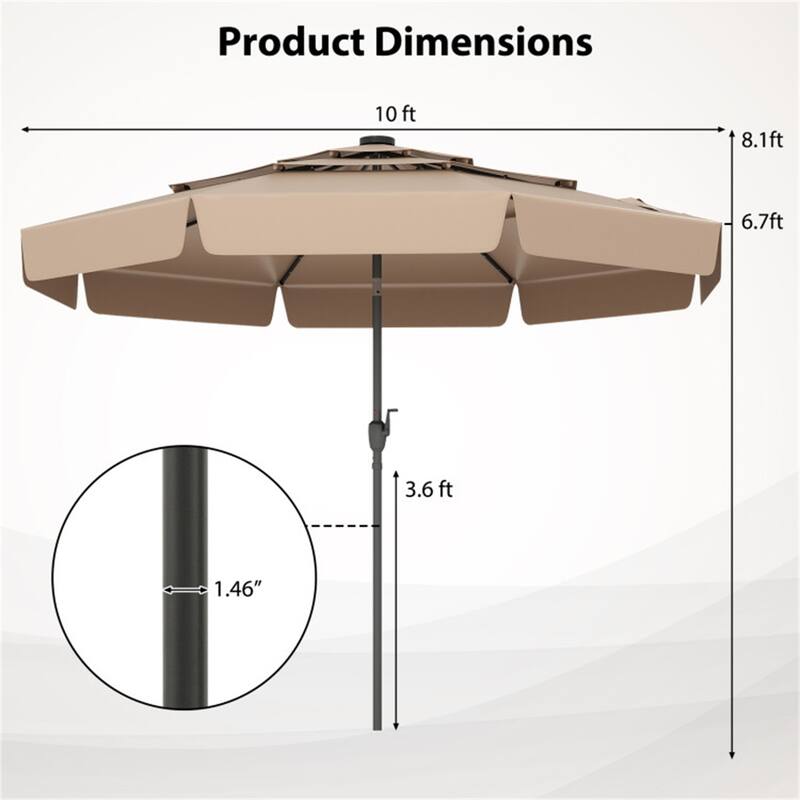 Outdoor 10 ft Umbrella with 3-Tier Venting Solar LED Lights Tilt and Crank for Poolside or Garden