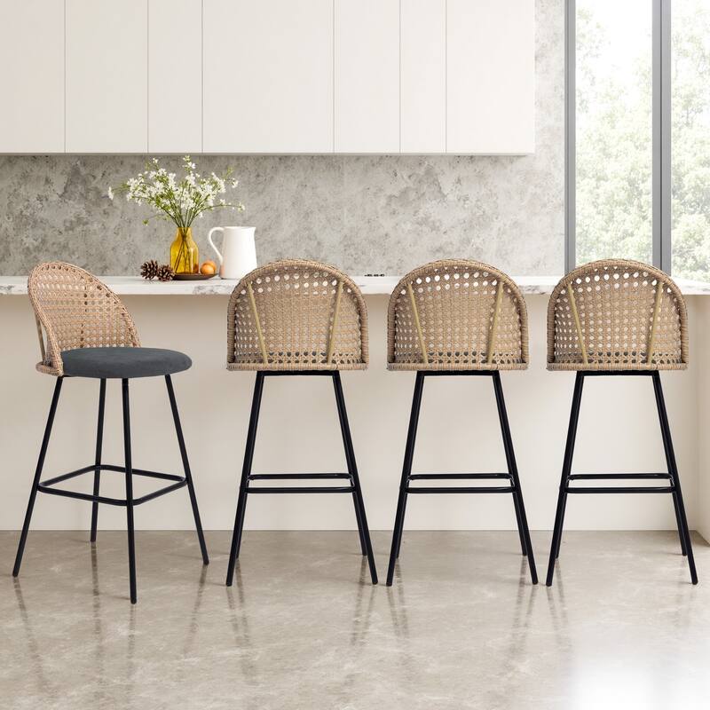 Coastal Rattan Back Counter Height Upholstered Bar Stools