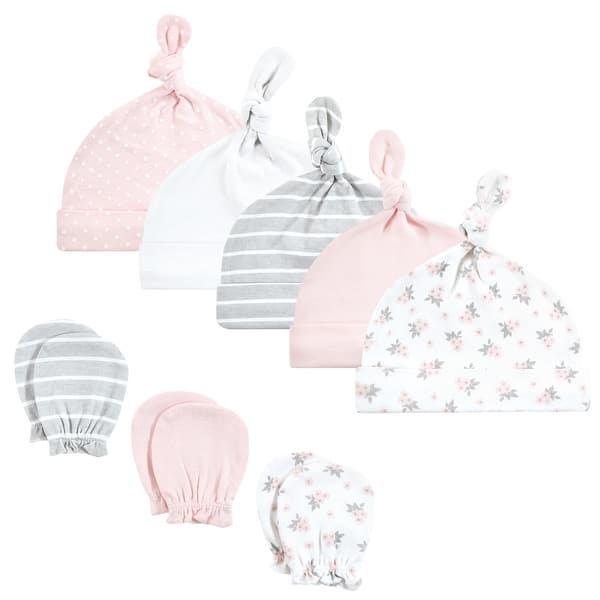 slide 1 of 1, Hudson Baby Infant Girl Cotton Cap and Scratch Mitten Set, Pink Gray Floral, 0-6 Months - Pink Gray Floral Pink Gray Floral - 0-6 Months