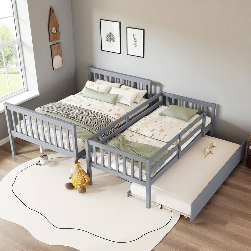 Twin Over Full Rubber Wood Bunk Bed with Twin Trundle, Convertible Ladder, Detachable Design, and Safety Guardrails