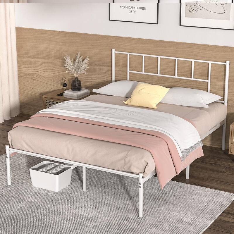 VECELO Victorian Style 14 Inch Metal Platform Bed Frame with Headboard, Heavy Duty Steel Slat Support, No Box Spring Needed