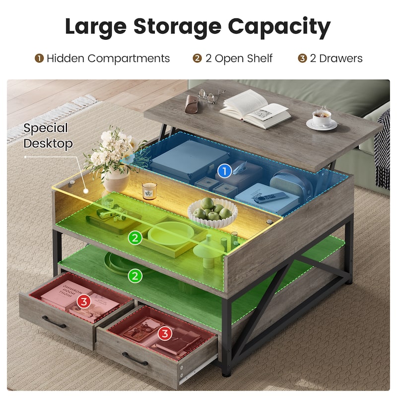 Coffee Table Lift Top 2 Drawers Hidden Compartment for Living Room