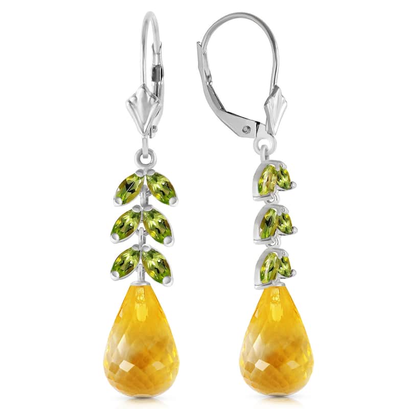 14K Solid Gold Leverback Gemstone Earrings w/ Peridot & Citrines - White
