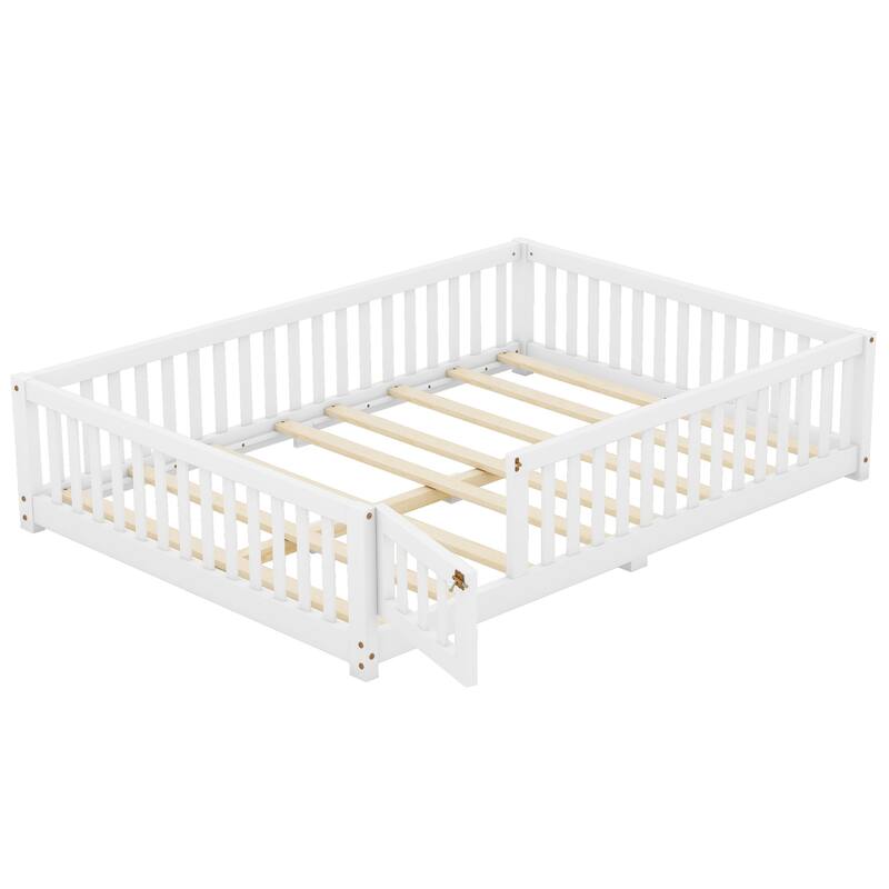 White Full Size Pine Wood Floor Bed with Safety Guardrails and Door for Kids, Boys, Girls, Bedroom