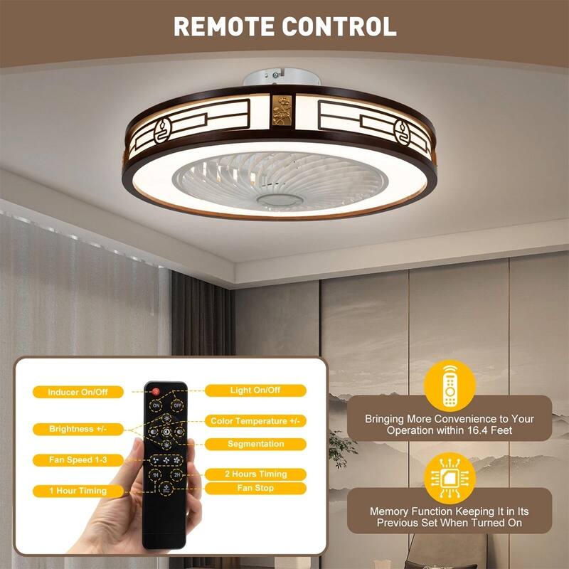 22" Invisible Ceiling Fan Light Remote LED Semi Flush Mount Chandelier - 22" x 8"