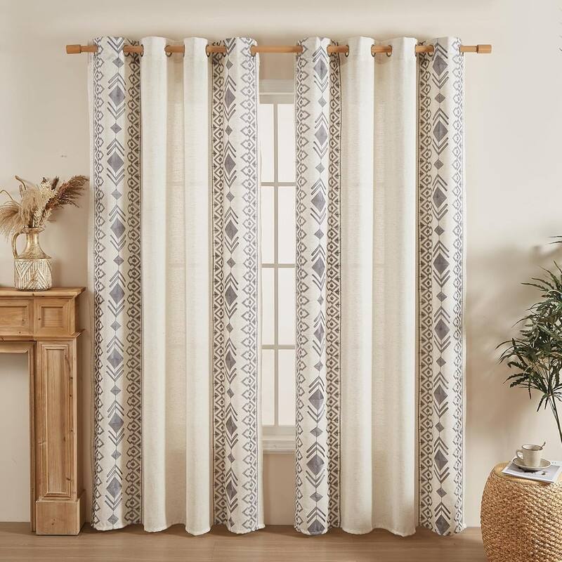 96 Inches Long Grey Boho Curtains 2 Panels - Grey