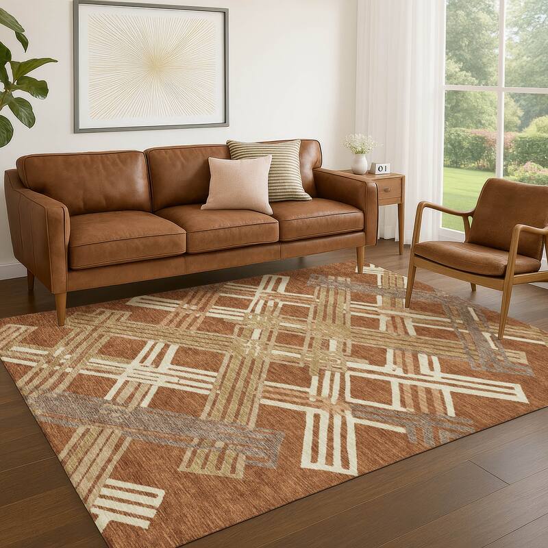 Machine Washable Indoor/ Outdoor Modern Trellis Chantille Rug
