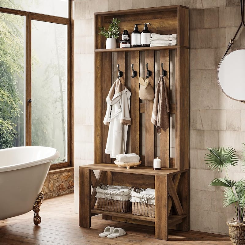 70.8" Tall Hall Tree with Bench and Shoe Storage, Freestanding Coat Rack for Entryway, Hallway