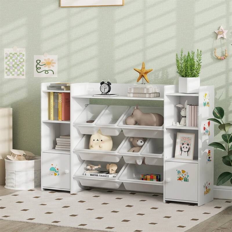 White Kids Storage Shelf with Bins, Bookcase and Cupboard for Organized Playroom - 55.1" L x 11.8" W x 35.4" H