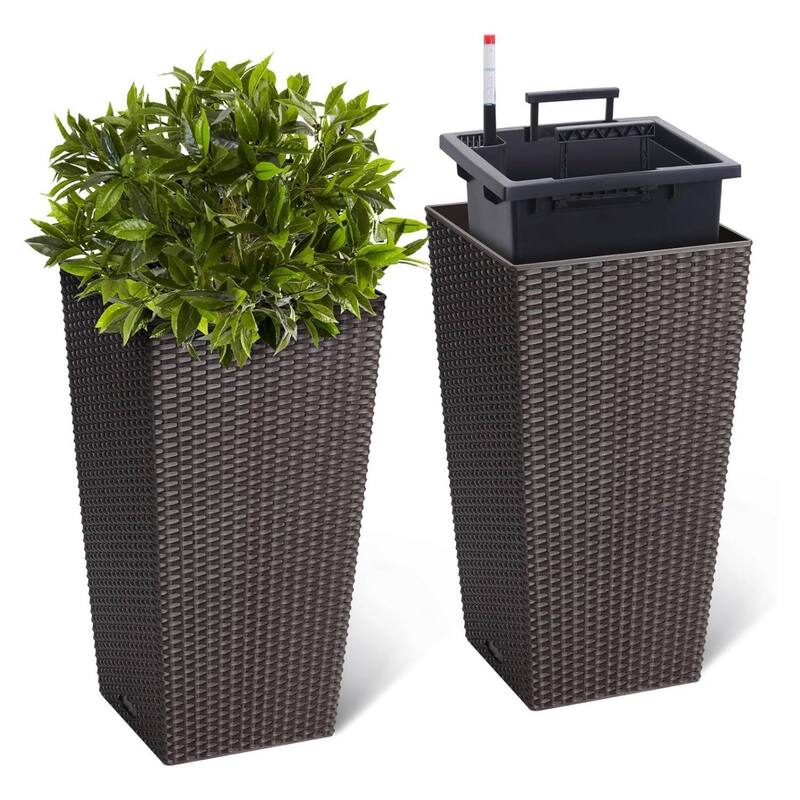 Set of 2 Garden Decor 22.5" Tall Indoor Outdoor Planters with Tray & Water Level Gauge - Brown