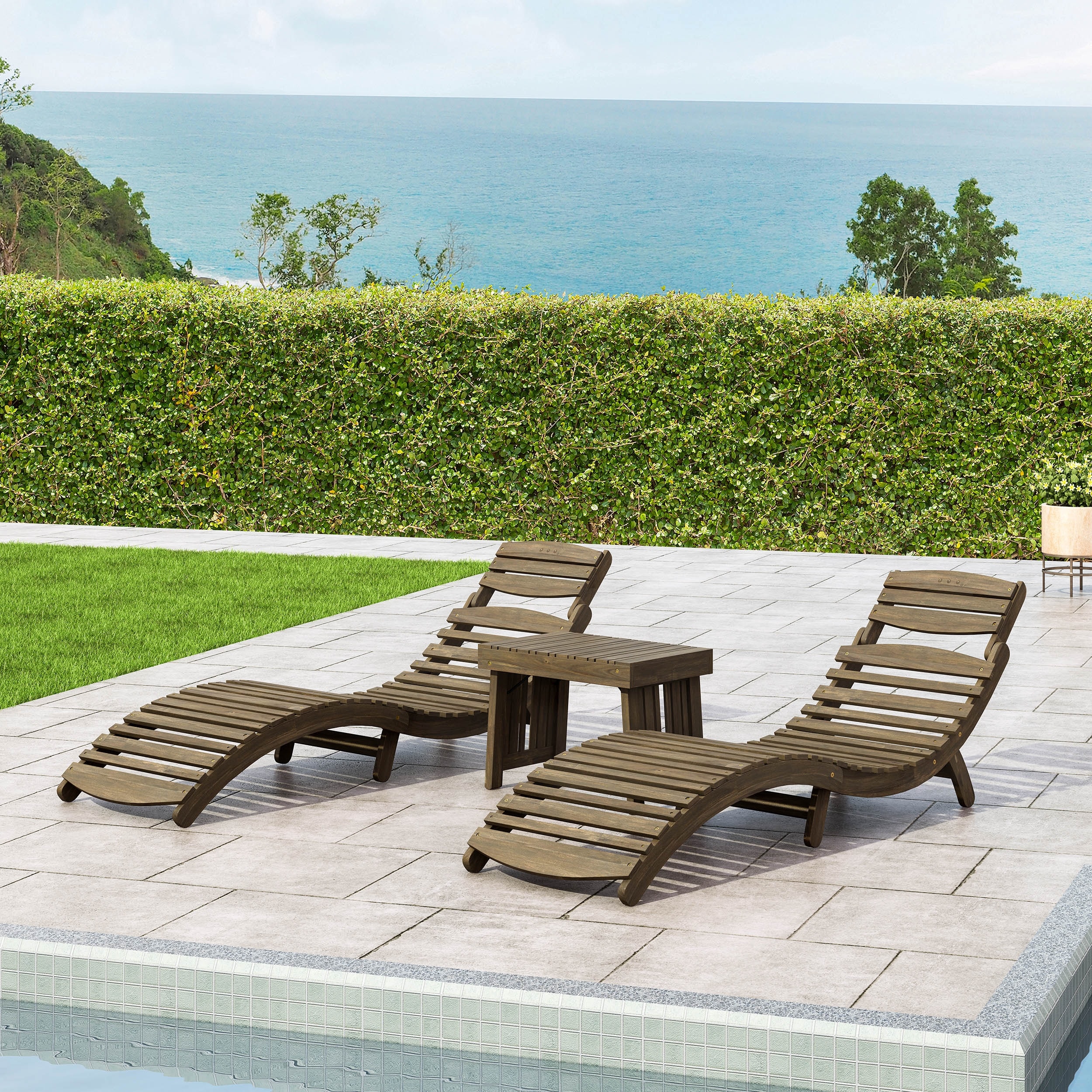 Lahaina Outdoor Acacia Wood 3 Piece Chaise Lounge Set by Christopher Knight Home
