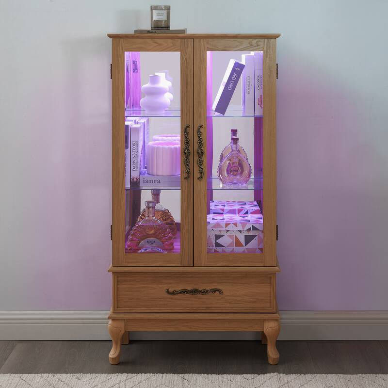 Elegant Glass Display Cabinet with Adjustable Shelves, 2 Doors, and 1 Drawer - Wine Storage Sideboard with Included Bulb