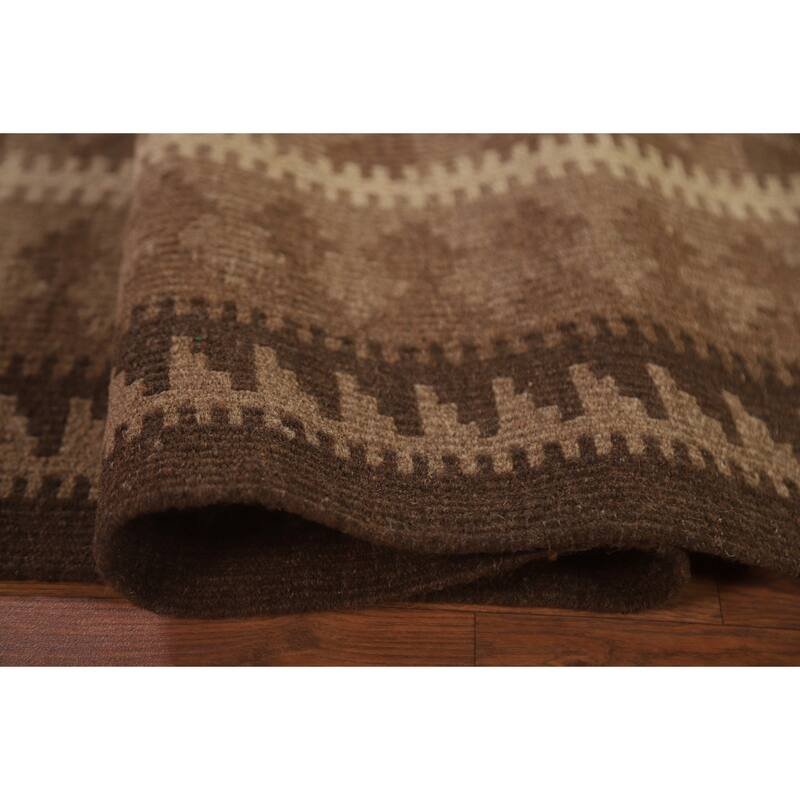 Hand Woven Oriental 100% Wool Carpet Southwestern Geometric Brown Kilim Area Rug - 9' 7'' X 6' 8''