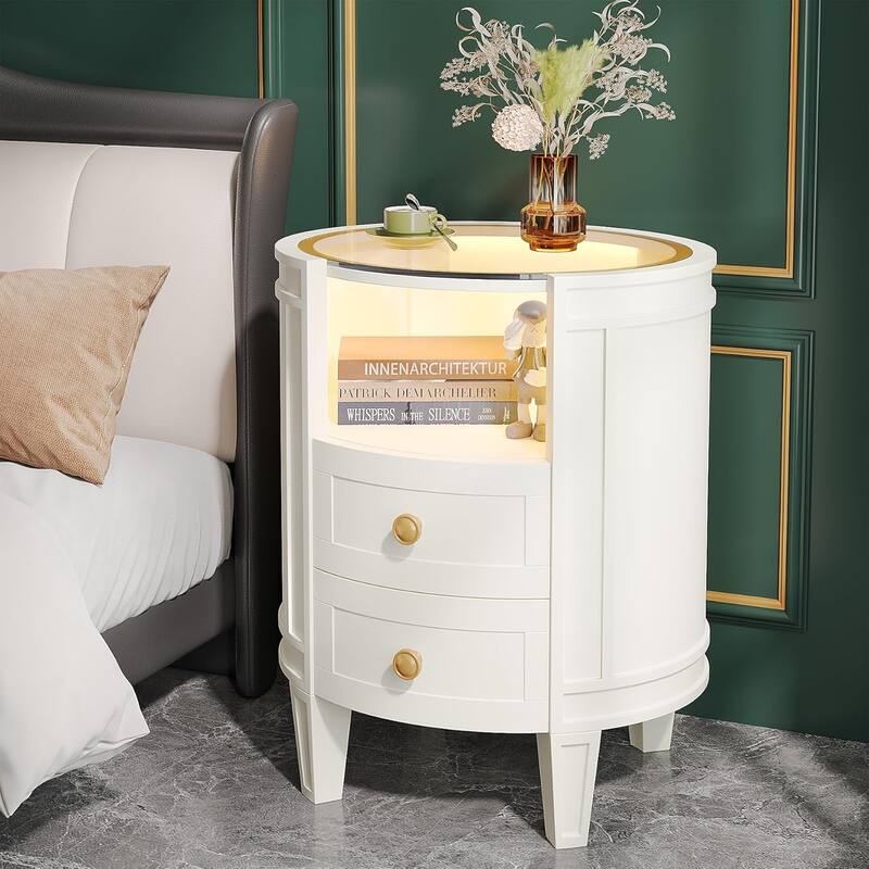 Oval/Round LED Nightstand, 2-Drawer Modern Night Stand, Side Table for Bedroom