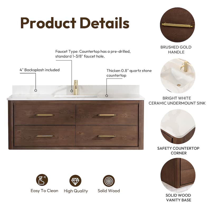 Cristo Floating Bath Vanity with White Quartz Stone Top without Mirror
