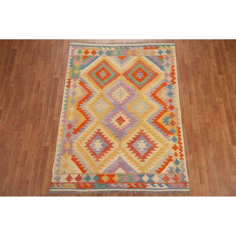 Hand Woven Oriental 100% Wool Carpet Southwestern Geometric Multi-Colored Kilim Area Rug - 6' 11'' X 5' 0''