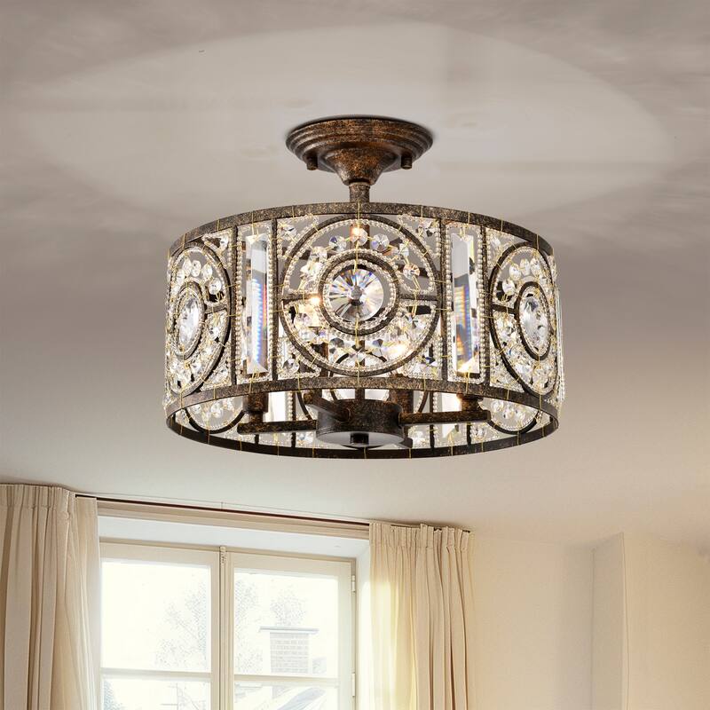 Sigyn Caged Drum Semi-Flushmount Ceiling Lamp with Crystal Ornaments Antique Bronze - Antique-Bronze