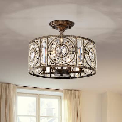 Sigyn Caged Drum Semi-Flushmount Ceiling Lamp with Crystal Ornaments Antique Bronze - Antique-Bronze