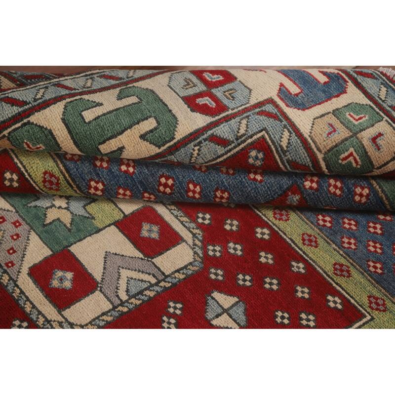 Geometric Kazak Area Rug Hand-Knotted Wool Carpet - 5'0" x 6'5"