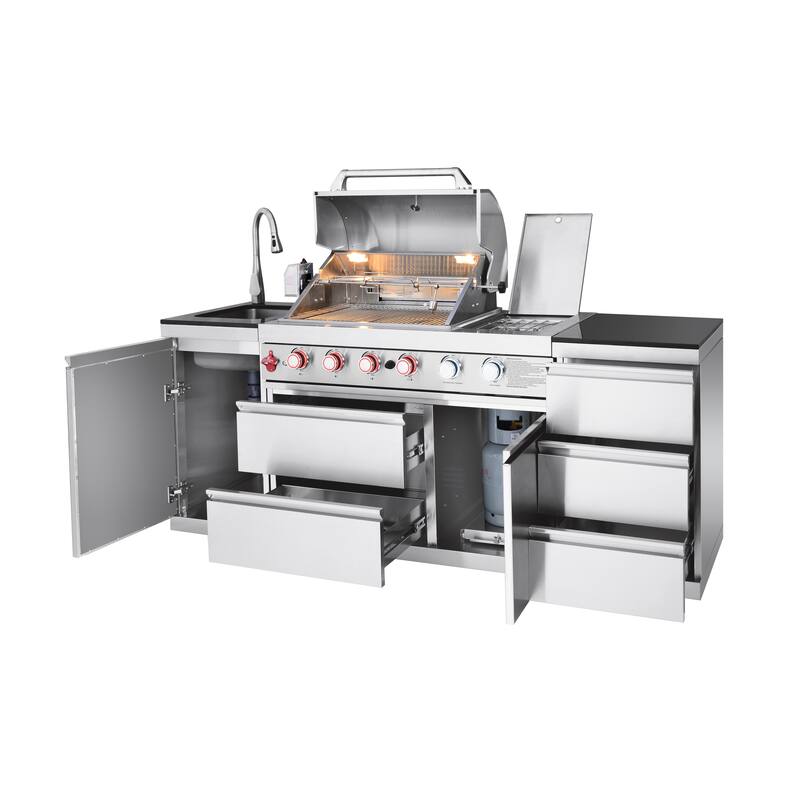 GDFStudio Zarethion Stainless Steel Outdoor Kitchen Island Grill with 4 Burners, Rotisserie and Storage Drawers