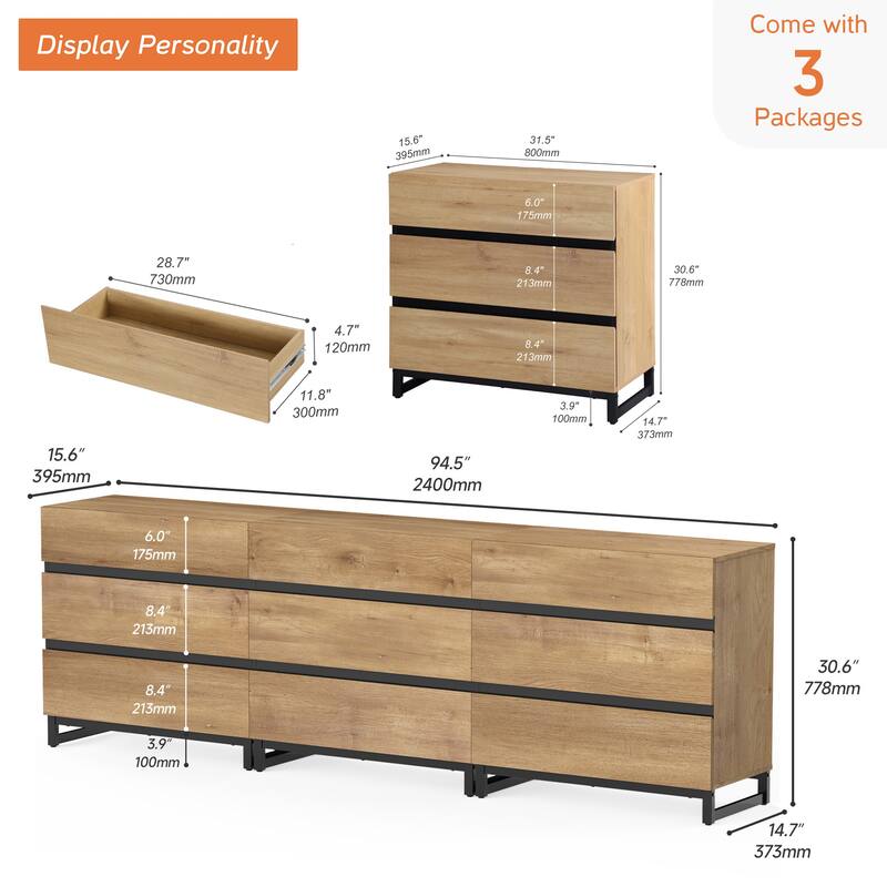 Dresser for Bedroom, Closet Organizers and Storage, Chest of Drawers with Metal Base, Modern Wood Dresser for Living Room