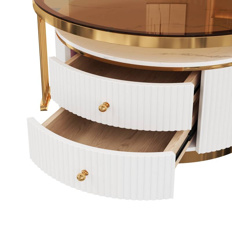 Modern 2 Pieces Round Nesting Coffee Table with Drawers and Brown Tempered Glass Top in 27.6"