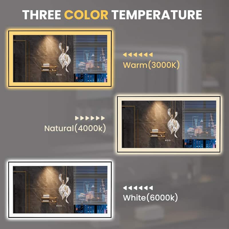55x30 Smart LED Bathroom Mirror with Anti Fog Dimmable Lighting White Tempered Glass